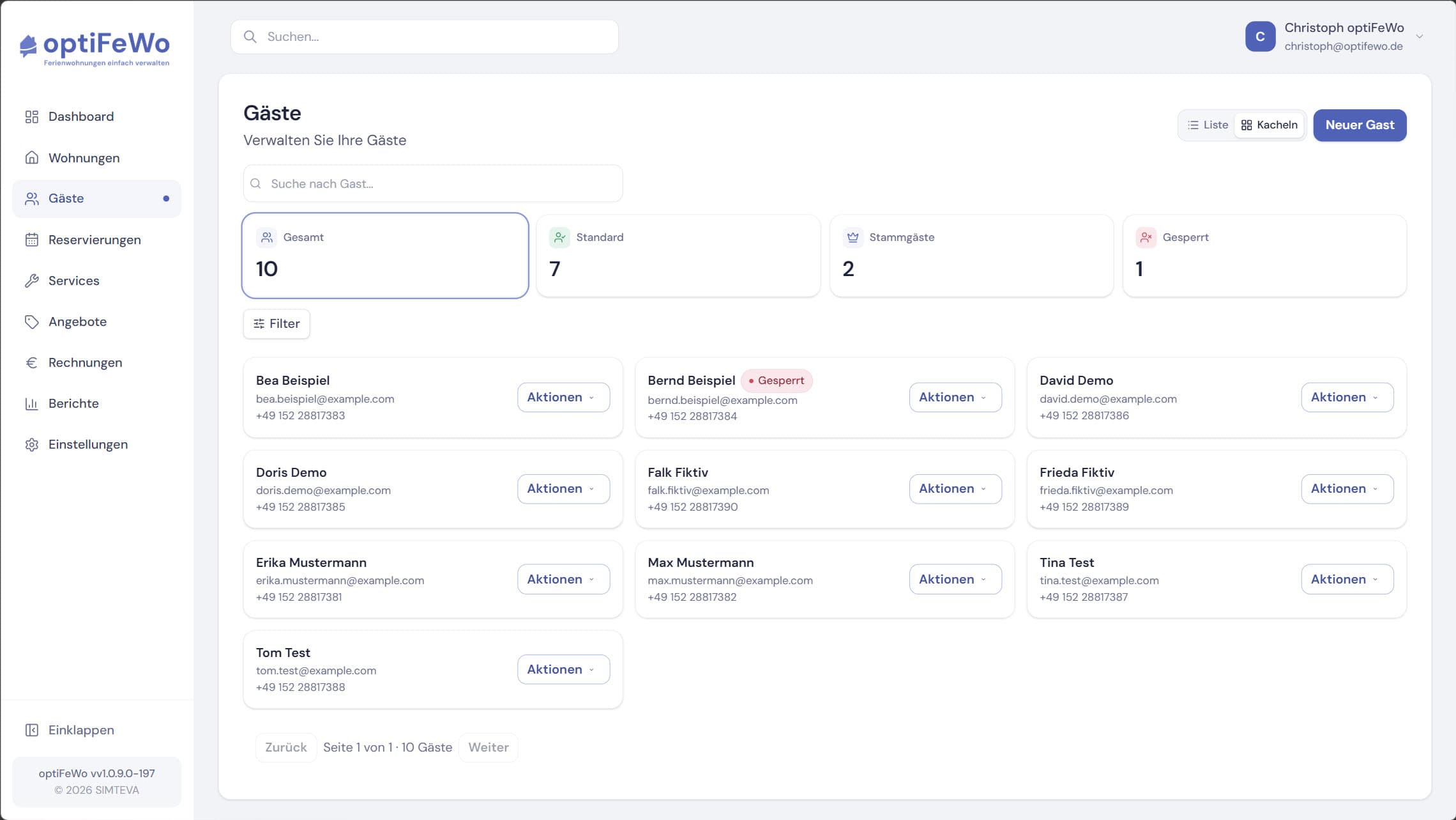 Gästeverwaltung – Ansicht in optiFeWo